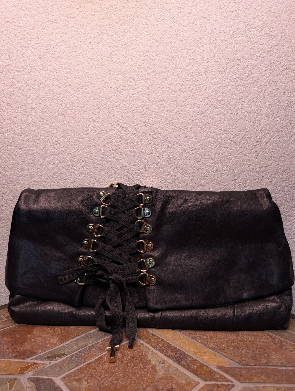 Junior Drake Black Genuine Leather Corset Clutch Dust Bag Soft Supple Chic Edgy